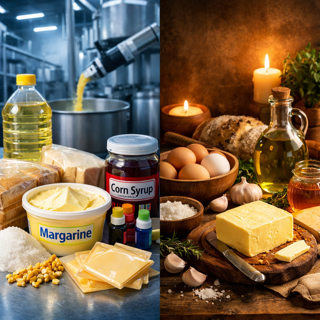 Side-by-side display of processed food ingredients including margarine, corn syrup, and cheese slices, and natural ingredients like eggs, butter, garlic, bread, and olive oil.