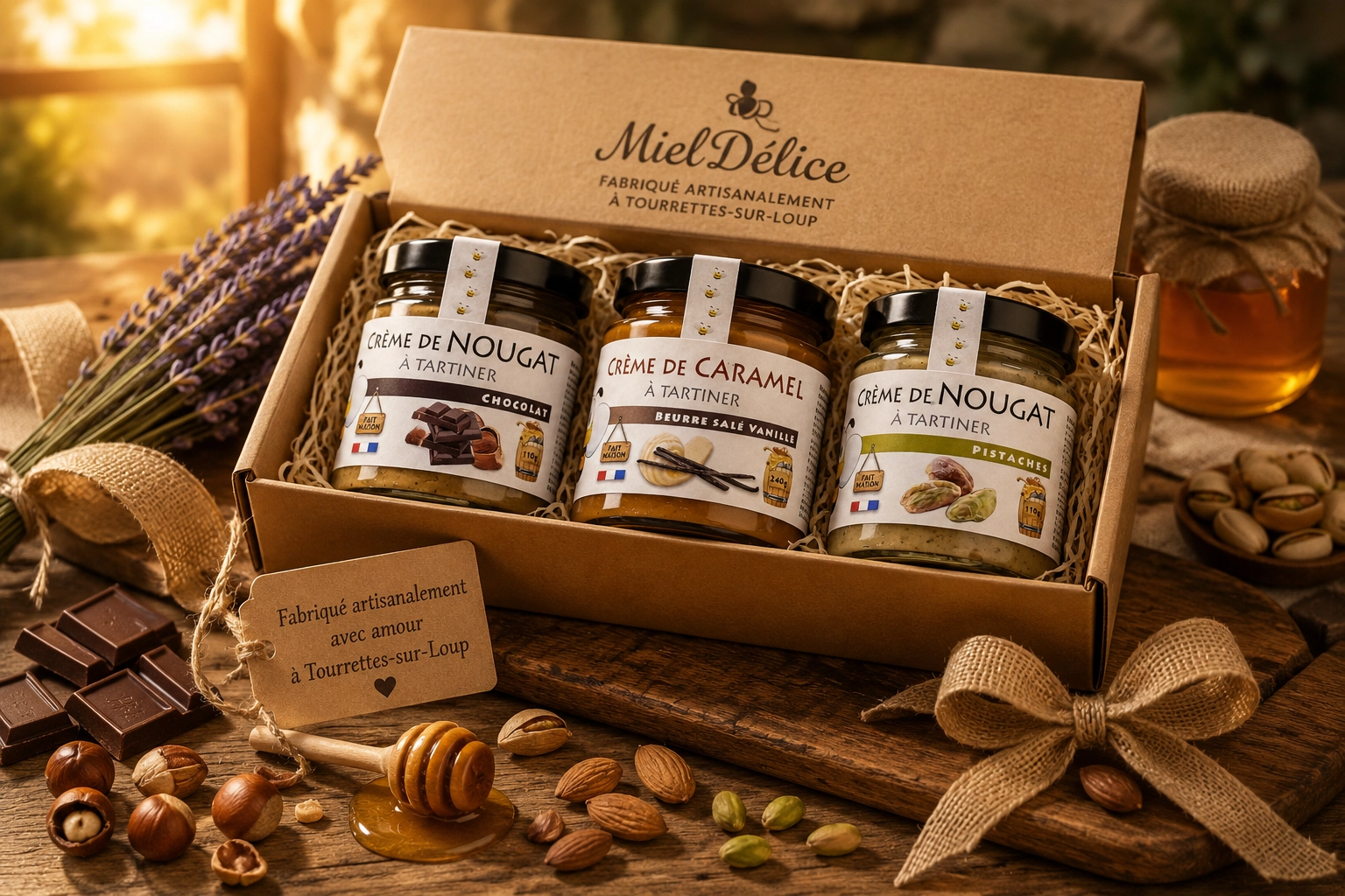 Cadeau gourmand MielDélice avec pâtes à tartiner artisanales, crème de nougat et crème caramel