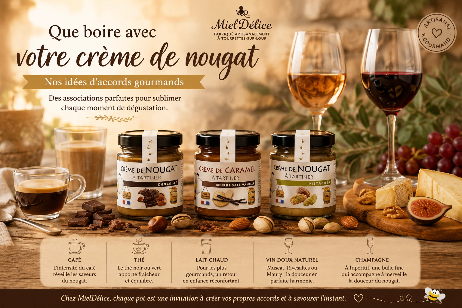 Crème de nougat MielDélice avec café, thé, miel et fruits secs