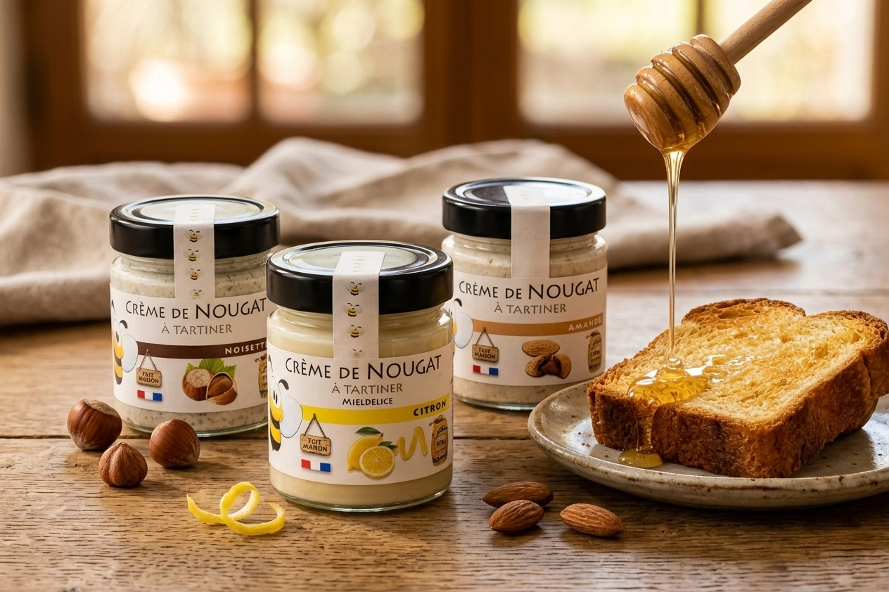Produits artisanaux MielDélice, crème de nougat, tartines et gourmandises