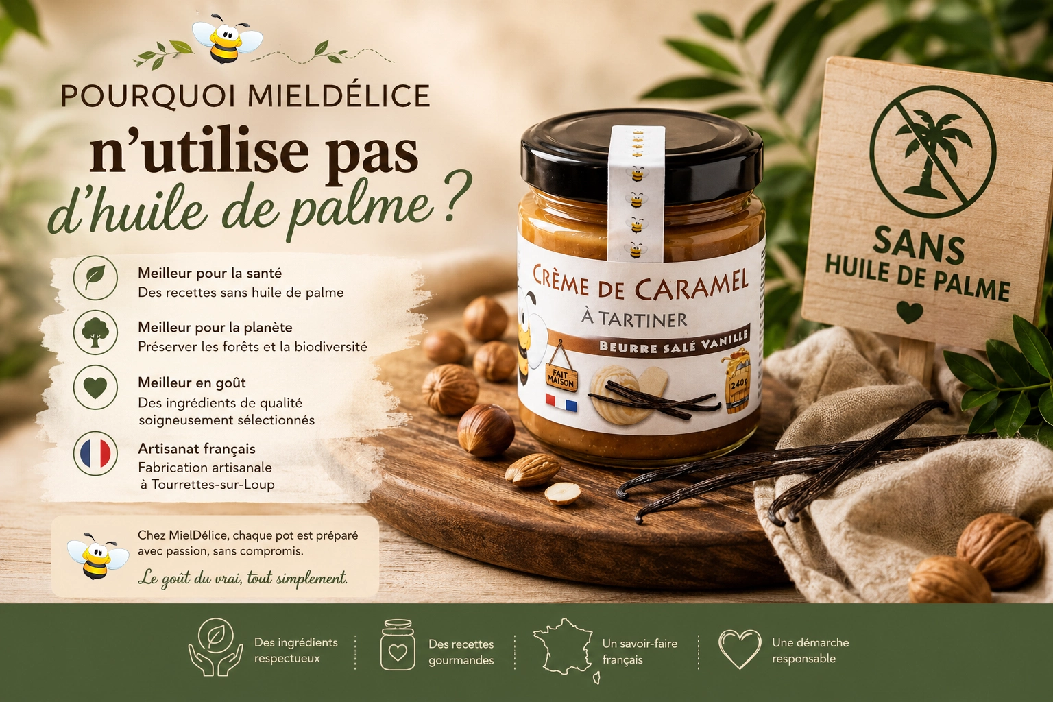 Pots MielDélice sans huile de palme avec miel, tartines et fruits secs