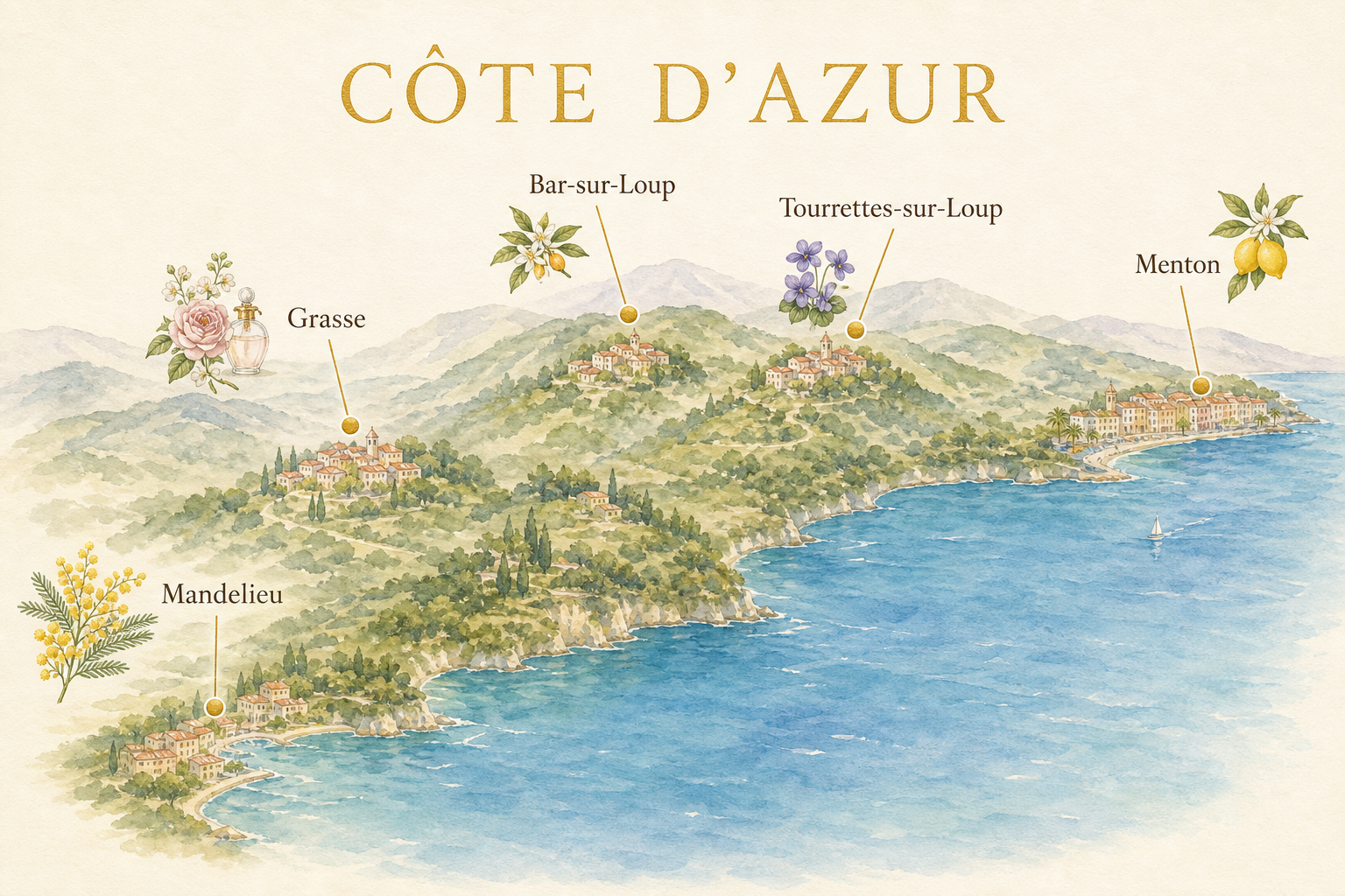Carte éditoriale des villes de la Côte d’Azur qui inspirent MielDélice
