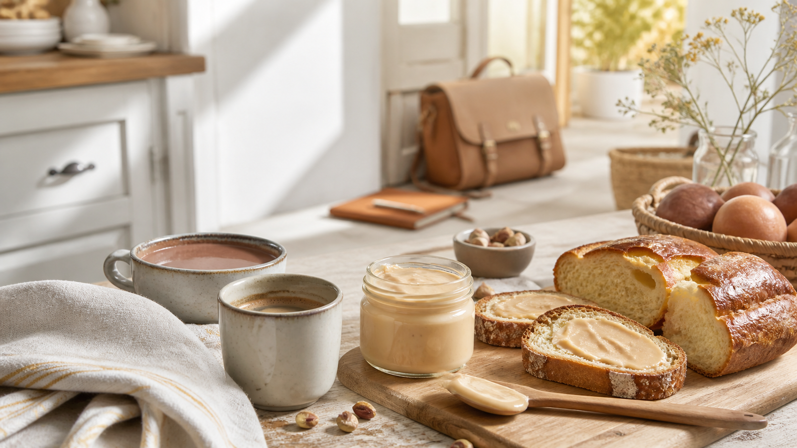 Table de petit-déjeuner de rentrée avec pain, brioche, crème de nougat artisanale et café