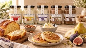Cinq pots MielDélice entourés de brioche, pancakes, glace vanille, poire et figues