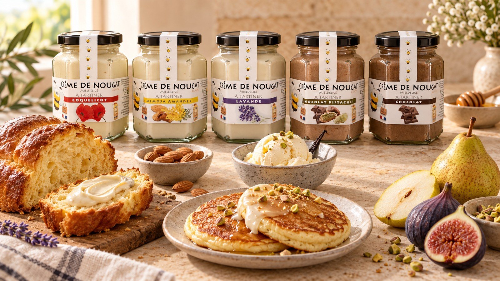 Cinq pots MielDélice entourés de brioche, pancakes, glace vanille, poire et figues