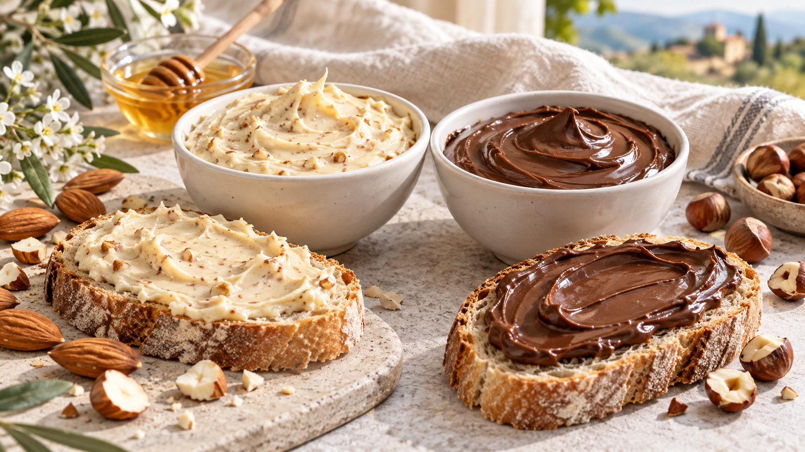 Deux bols de crème claire au nougat et de pâte à tartiner chocolat-noisette, accompagnés de tartines, d’amandes et de noisettes sur une table claire.