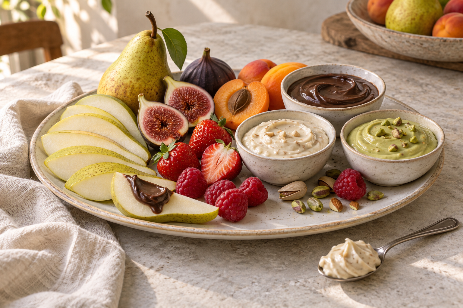Poires, figues, fraises, framboises et abricots accompagnés de bols de pâtes à tartiner au chocolat, à l’amande et à la pistache