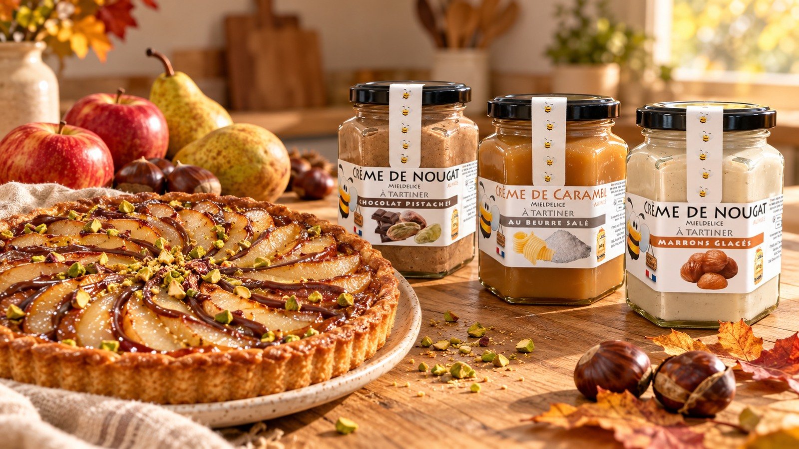 Tarte aux poires, pommes, poires et châtaignes sur une table automnale, avec trois pots MielDélice Chocolat Pistaches, Caramel beurre salé et Marrons glacés.