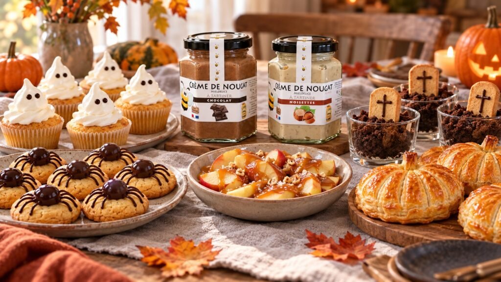 able gourmande d’Halloween avec cookies araignées, muffins fantômes, pommes au caramel, verrines cimetière, feuilletés citrouilles et pots MielDélice